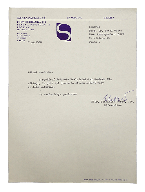 Jmenování členem ediční rady Antické knihovny, Nakl. Svoboda, 1988